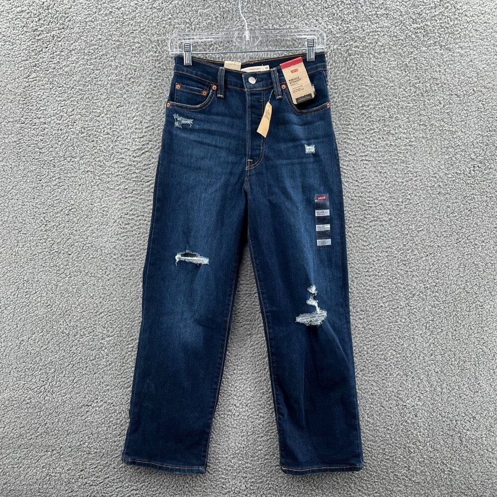 Levis Rib Cage Straight Ankle Jeans Womens 26 X 27 Button Fly Distressed Denim